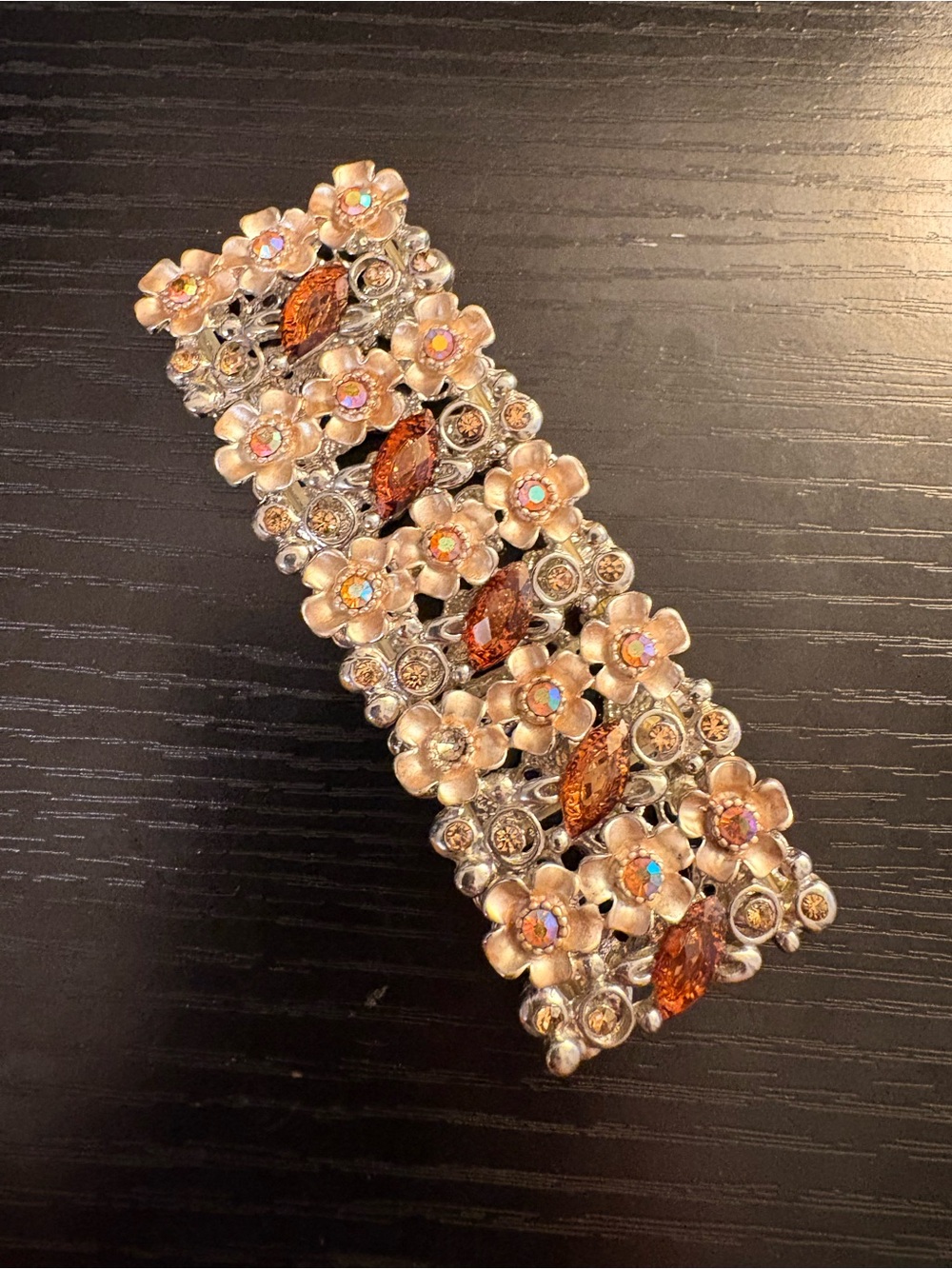 Vintage Silver Tone Floral Rhinestone Stretch Bracelet